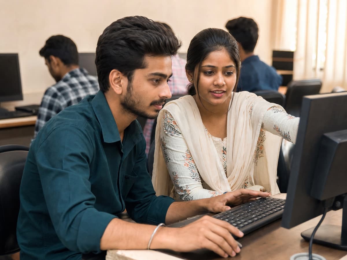 Two students collaborating on a computer assignment